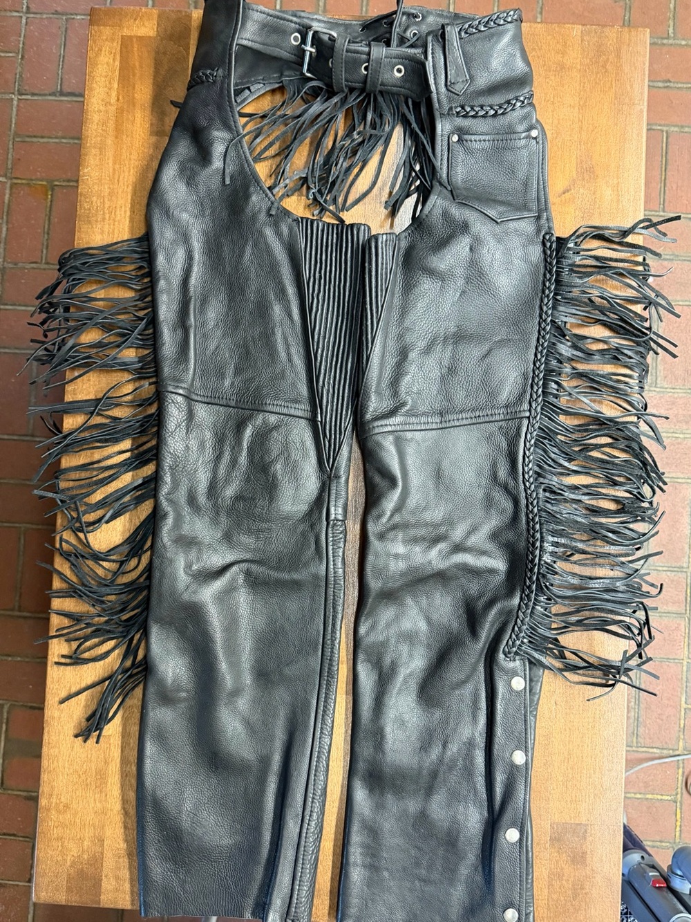 Hot Leathers XS Black Leather Fringe Motorcycle Chaps Braided Western